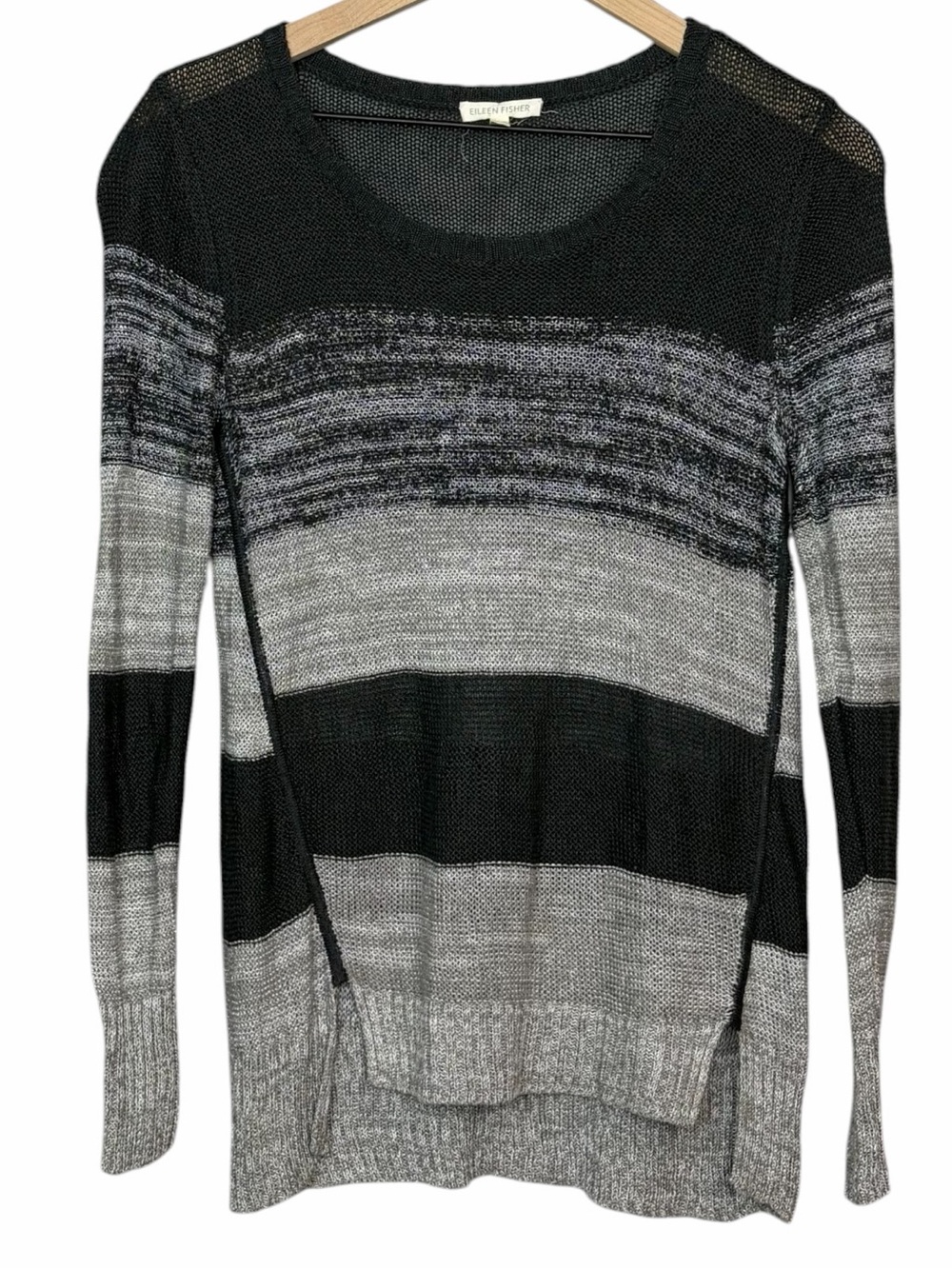 Eileen Fisher Black and Gray Striped Lightweight Scoop-Neck Sweater - Picture 4 of 6